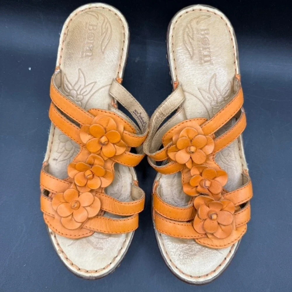 Born Flower Wedge Sandals Womens 8 Orange Leather Strappy Boho